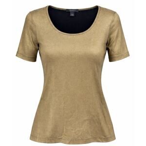 St. John Couture Metallic Gold Scoop Neck Blouse Top - Size Small Short Sleeve